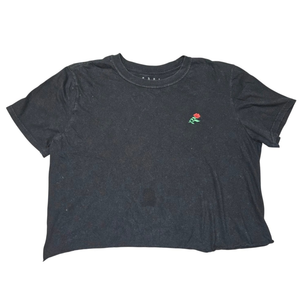 Rebels & Nomads Womens Medium Black Raw Hem Cropped T-Shirt Red Rose Embroidered